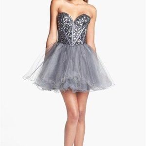 Sherri Hill Gunmetal Grey Mini Tulle Dress with Gemstone Embellishment